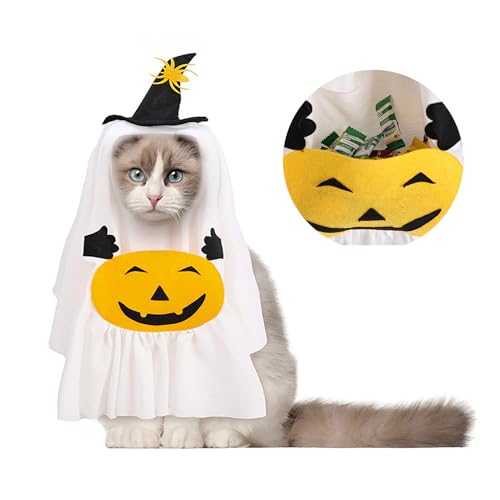 BEIJIALY Halloween-Hundekostüme mit Kürbistaschen, Weiße Geister-Hunde-Cosplay-Tücher, Halloween-Geisterkostüm für Hunde-Cosplay, Weißer Laken-Geisterumhang für Haustiere für (S) von BEIJIALY