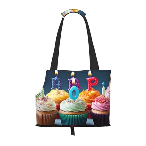 Bunte Happy Birthday Cupcakes bedruckte faltbare Haustiertasche – tragbare Reisetasche für Welpen, Katzen, Haustier-Tragetasche, Rucksäcke von BEIVGOXL