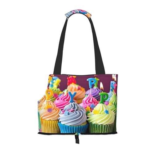 Bunte Happy Birthday Cupcakes bedruckte faltbare Haustiertasche – tragbare Reisetasche für Welpen, Katzen, Haustier-Tragetasche, Rucksäcke von BEIVGOXL