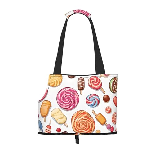 Bunte süße Lutscher-Cupcake-Donut-bedruckte faltbare Haustiertasche – tragbare Reisetasche für Welpen, Katzen, Haustier-Tragetasche, Rucksäcke von BEIVGOXL