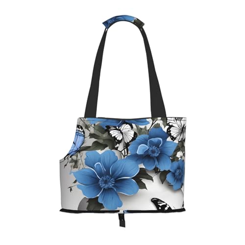 Faltbare Haustiertasche für Welpen, Katzen, Reise-Handtasche, grau-blaugrün, Blume, Schmetterling, Haustier-Tragetasche, Rucksäcke von BEIVGOXL