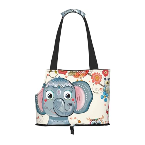 Faltbare Haustiertasche mit Cartoon-Elefant und Eulen, Blumendruck, tragbare Reisetasche für Welpen, Katzen, Haustier-Tragetasche, Rucksäcke von BEIVGOXL