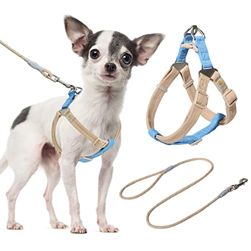 Bella&Pal Hundegeschirr und Leine Set, Welpengeschirr für Extra Kleine Hunde, Verstellbares Geschirr, Anti Zug Hundegeschirr, Ultraleichtes Atmungsaktives Nylon Brustgeschirr, Blau Khaki, XS von BELLA & PAL