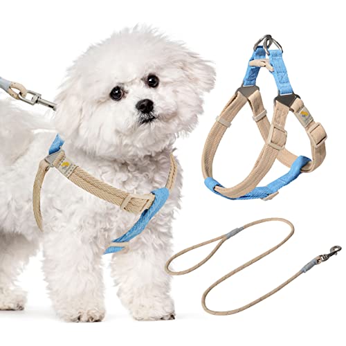 Bella&Pal Hundegeschirr und Leine Set, Welpengeschirr für Kleine Mittelgroße Hunde, Verstellbares Geschirr, Anti Zug Hundegeschirr, Ultraleichtes Atmungsaktives Nylon Brustgeschirr, Blau Khaki, S von BELLA & PAL