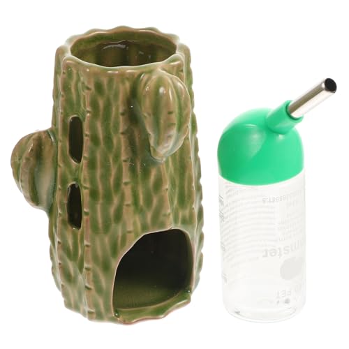 BELLIFFY 2-in-1 verstellbare vertikale Chinchilla-Wasserflasche Kaktusform Keramikständer 80 ml Wasserspender für Haustiere für Hamster von BELLIFFY