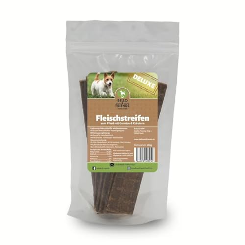 Bello & Friends Fleischstreifen vom Pferd, 150g, Pferde-Dörrfleisch mit Gemüse und Kräutern, hypoallergener Kausnack für Hunde, Hunde-Leckerlie Pferd von BELLO & FRIENDS AUTHENTIC PET FOOD