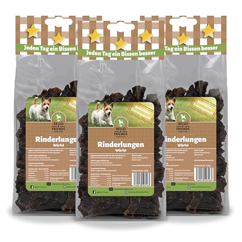 Bello & Friends Rinderlungen Würfel, 3er Pack, 3 x 150g fettarme getrocknete Trainingshappen für Hunde, Snackwürfel von BELLO & FRIENDS AUTHENTIC PET FOOD