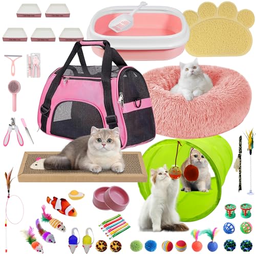 BERXOL Kitten Essentials Starter-Set, ideal für Katzen unter 6 Monaten, mit 21-teiligem Spielzeug-Set, Bett, Tragetasche, Katzentoilette, Schalen und mehr, perfekt für neue Katzenbesitzer, Rosa von BERXOL