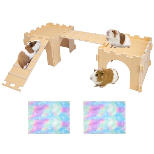 BESNEW Meerschweinchenversteck mit Treppe und wasserdichten Matten, Meerschweinchenkäfig, Holzzubehör, Spielzeug für Kleintiere, Hamster, Hasen, Chinchillas, zum Verstecken und Spielen, leicht zu von BESNEW