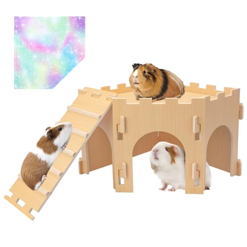 BESNEW Meerschweinchenversteck mit Treppe und wasserdichten Matten, Meerschweinchenkäfig, Holzzubehör, Spielzeug für Kleintiere, mehrere Höhlen, zum Verstecken und Spielen, leicht zu reinigen, groß von BESNEW