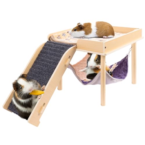 BESNEW Vergrößerte Meerschweinchen-Hängematte mit Plattform und Treppe, aus Holz, Kleintierversteck für Babys, Erwachsene, Meerschweinchen, Kaninchen, Frettchen, Hamster, Schlafaktivitäten, 33 x 33 x von BESNEW