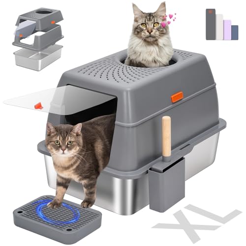 Edelstahl Katzentoilette mit Deckel, SUS304 Metall Katzentoiletten, Geschlossene Extra Große Kitty Katzentoilette Hohe Wand, Jumbo Katzentoilette mit Dreifachpedal, Antihaftbeschichtung, von BEST JAJA