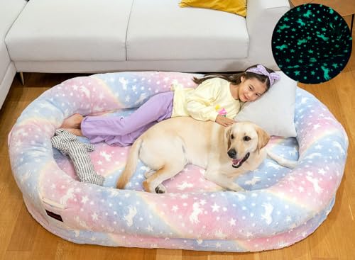 BESTEN Nachtleuchtendes Bett für Hunde Mensch Erwachsene mit Decke Abnehmbarer Kunstfellbezug Orthopädisches Schaumstoffkissen (groß, Einhorn) von BESTEN