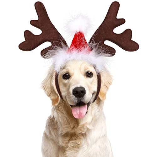 BESTOYARD Haustier Stirnband Weihnachten Rentier Geweih Stirnband mit Weihnachtsmütze Weihnachtskostüm für Haustier Hund Katze von BESTOYARD