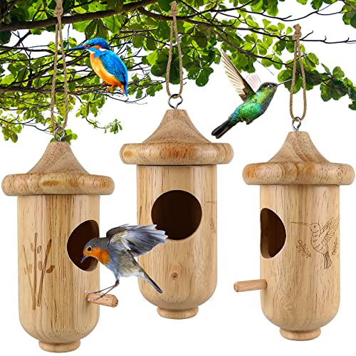 Kolibri-Haus zum Aufhängen im Freien, Holz-Kolibri-Vogelnest 3er-Pack mit Hanfseilen, Gartenfenster, Vogelhäuser von BESWORLDS