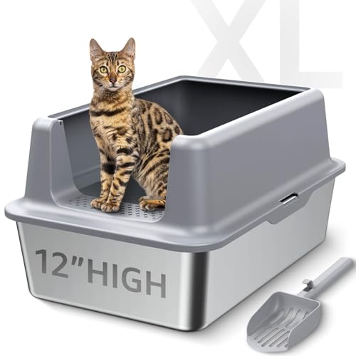 BETOPET Geschlossene Katzentoilette aus Edelstahl mit Deckel, extra groß, leicht zu reinigen, Metall-Katzentoilette mit Streuschaufel und hohen Seiten, für Kätzchen/kleine/mittelgroße/große dicke von BETOPET