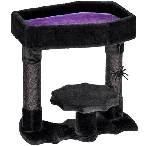 BEWISHOME Gothic Katzenbaum mit Sarg Bett, Goth Katzenturm für Indoor Katzen mit Sisal Kratzstämmen, Spinne Spielzeug, Gruseliger Sarg Katzenbaum für Schwarze Katzen Halloween, Schwarz mit Lila, Klein von BEWISHOME