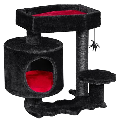 BEWISHOME Gothic Katzenbaum mit Sarg Bett Goth Katzenturm Sarg Katzenbaum Katzenhaus mit Katzenkratzbaum, Spinne Hängende Kugel Schwarz Rot Halloween Kätzchen Haustier Möbel MMJ93R von BEWISHOME