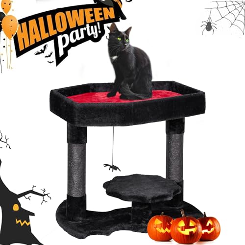 BEWISHOME Gothic Katzenbaum mit Sarg Bett Gothic Katzenturm für Indoor Katzen mit Sisal Kratzstämmen, Sarg Katzenbaum Condo für schwarze Katze, Spinne Spielzeug für Halloween, Schwarz und Rot Große von BEWISHOME