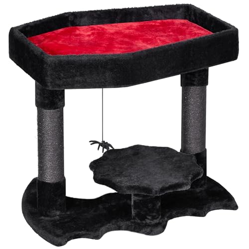 BEWISHOME Gothic Katzenbaum mit Sarg Bett Gothic Katzenturm für Indoor Katzen mit Sisal Kratzstämmen, Sarg Katzenbaum Condo für schwarze Katze, Spinne Spielzeug für Halloween, Schwarz und Rot Große von BEWISHOME