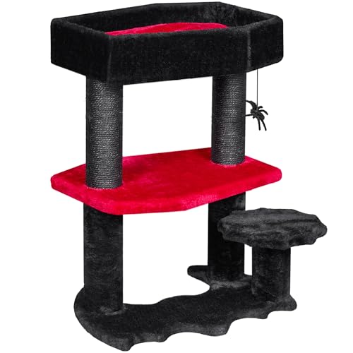 BEWISHOME Gothic Katzenbaum mit Sarg Katzenbett Goth Katzenturm Sarg Katzenbaum mit Kratzbaum Spinne Hängende Kugel Halloween Schwarz Rot Haustier Möbel MMJ94R von BEWISHOME