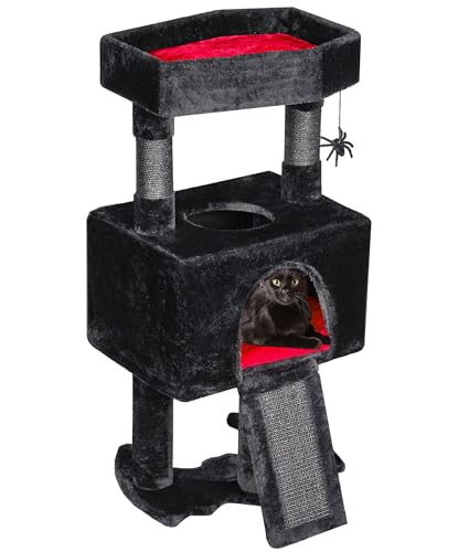 BEWISHOME Gothic Katzenbaum mit Sarg Katzenbett Goth Katzenturm Sarg Katzenbaum mit geräumiger Katzenhütte Weiches Kissen Kratzbaum Spinne Hängende Kugel Halloween Schwarz Rot Haustiermöbel MMJ95R von BEWISHOME