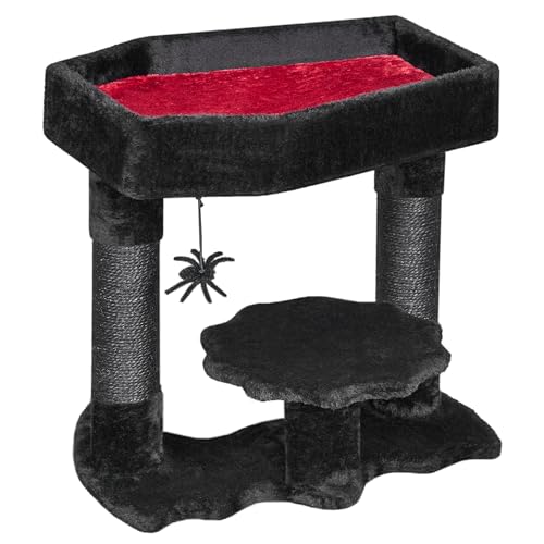 BEWISHOME Gothic Katzenbaum mit Sarg Bett, Goth Katzenturm für Indoor Katzen mit Sisal Kratzstämmen, Spinne Spielzeug, Gruseliger Sarg Katzenbaum für Schwarze Katzen Halloween, Schwarz mit Rot, Kleine von BEWISHOME