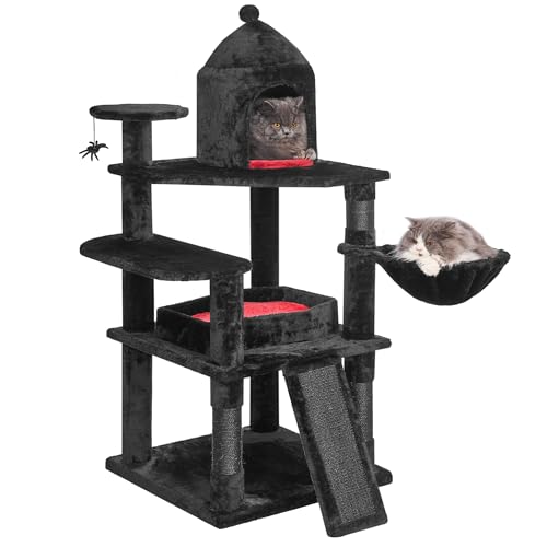 BEWISHOME Gothic Katzenbaum mit Sargbett, Katzenturm für Indoor-Katzen mit geräumiger Katzenhütte, Sisal-Kratzrampe, gemütlicher Korb, schwarzes Katzenhaus für Halloween, Haustiermöbel, von BEWISHOME