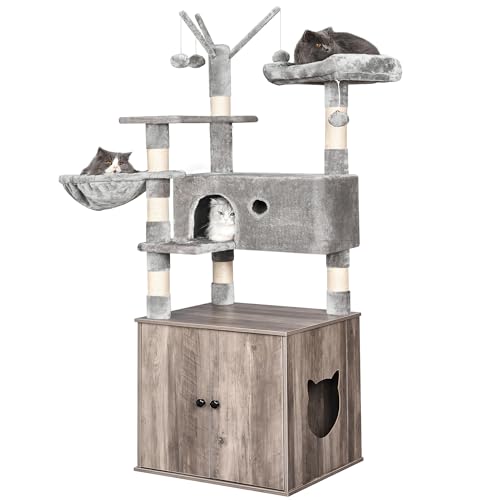 BEWISHOME Kratzbaum mit Katzentoilettengehege All-in-One Versteckte Katzentoilette Möbel Katzenturm für Indoor-Katzen mit Kratzbäumen Moderne Katzenhaus MMJ85G von BEWISHOME