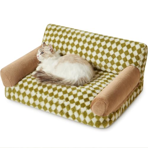 BFPETHOME Katzen- und Hundetoilette, kleines Haustiersofa mit rutschfestem Boden, kariertes Design, waschbarer Bezug (Grün&Weiß) von BFPETHOME