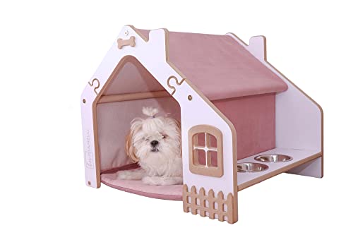 BIANELLI Haustierhütte Hundebett Hundehütte mit Napfhalter und Kissen, für kleine Hunde und Katzen, 50x59x50cm, aus laminiertem MDF, Innenbereich, 2 Edelstahl-Näpfe (ROSA) von BIANELLI