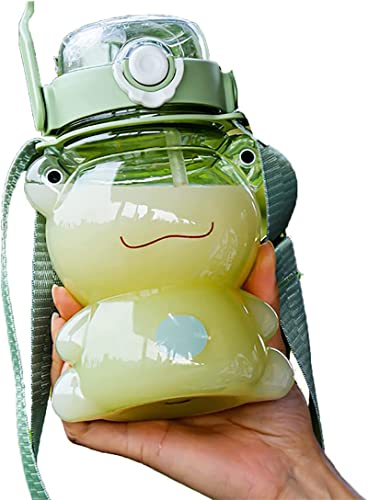 Große klare Frosch-Wasserflasche Tragbare niedliche Frosch-Wasserflasche mit verstellbarem Schulterriemen und niedlichen Aufklebern Klare auslaufsichere Kunststoff-Sport-Wasserflaschen von BIERDAN