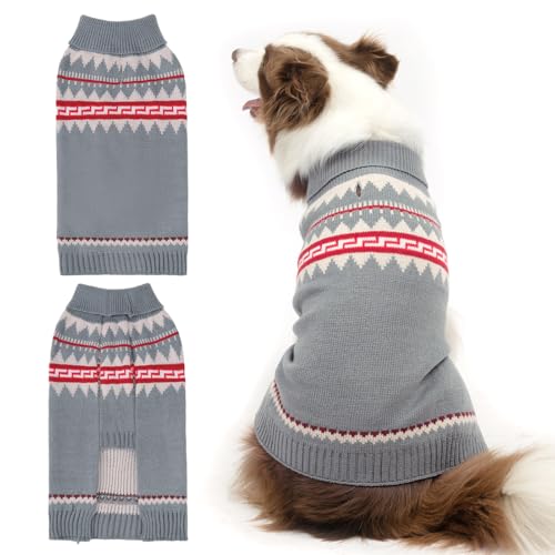 BINGPET Hundepullover, Rollkragenpullover, klassischer Strickpullover für kleine, mittelgroße und große Hunde mit Loch für die Leine, warme Sweatshirts für Hunde und Katzen, Grau, Größe L von BINGPET