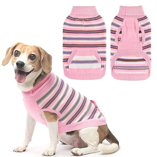 BINGPET Rollkragenpullover für kleine, mittelgroße und große Hunde, Jungen oder Mädchen, warmer Strickpullover, Haustierpullover, bunt gestreifter Welpenpullover mit niedlicher Tasche, tolles Geschenk von BINGPET