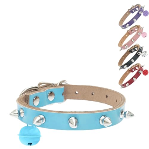 BINGPET Katzenhalsband mit Glöckchen aus echtem Leder – bequemes rosa Katzenhalsband mit Nieten-Spikes, weiches und starkes echtes Leder, verstellbar für kleine Hunde, Welpen, alle Katzen, Hasen von BINGPET