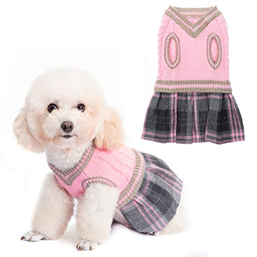 BINGPET Niedliches Hundepulloverkleid – warmer Pullover, Haustierpullover, Welpen, Katzen, Strickkleidung mit klassischem Karomuster für Herbst und Winter von BINGPET