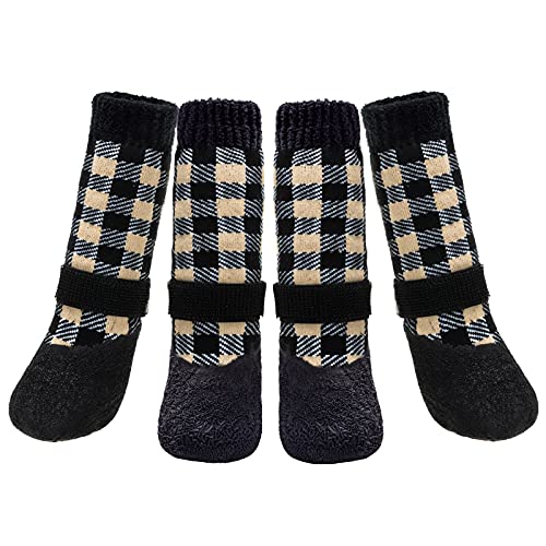 BINGPET Warme & Wasserdichte & Rutschfeste Hundesocken, 2 Paar Samt Gepolstert Plaid Haustier Pfotenschutz mit Verstellbaren Riemen und Rutschfeste Gummisohle, Haustier Doggy Socken für Kaltes Wetter Winter - Beige M von BINGPET