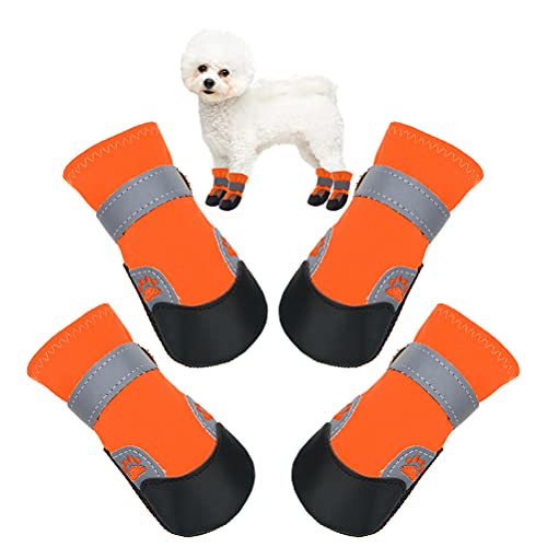 BINGPET Wasserdichte Hundeschuhe Haustierstiefel,2 Paar zuverlässiger Pfotenschutz mit reflektierenden Riemen, Welpen,Orange L von BINGPET