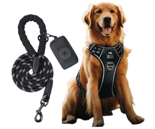 BINOBOO hundegeschirr Grosse Hunde, Anti Zug Hundegeschirr, No Pull Verstellbar Hundegeschirr Set mit Leine und Kotbeuteln, Atmungsaktives reflektierendes Brustgeschirr, Schwarz L von BINOBOO