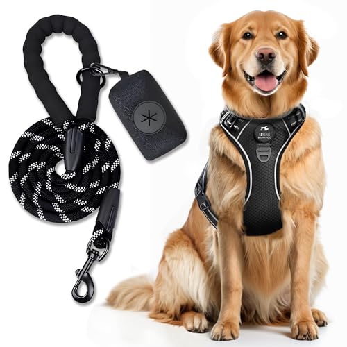 BINOBOO hundegeschirr Grosse Hunde, Anti Zug Hundegeschirr, No Pull Verstellbar Hundegeschirr Set mit Leine und Kotbeuteln, Atmungsaktives reflektierendes Brustgeschirr, Schwarz XL von BINOBOO