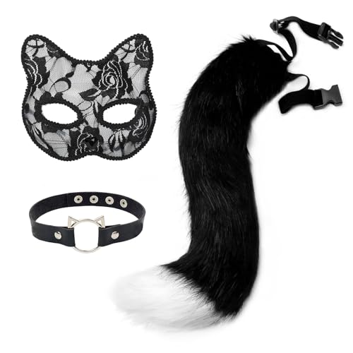 Halloween Maske Fuchs kostüm,Katzenmaske Halloween Erwachsene Kinder,Inklusive Helloween Maske weiß schwarz und Fuchs katzenschwanz,Halskette,für Halloween Party,Cosplay,Bühnenauftritt von BINXWA