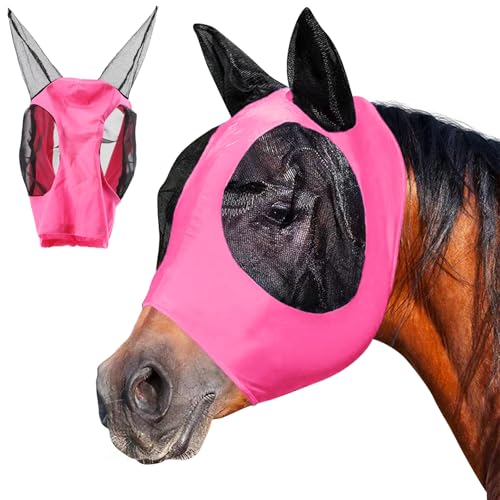 Fliegenmaske Pferd Fliegenhaube Pferde Halfter mit Fliegenmaske UV Schutz Pony Fliegenmütze für Pferde Shetty mit Ohren Atmungsaktives Mesh Pferdemaske Fliegenschutz Pferd Kopf Kaltblut (Rosa) von BINYI