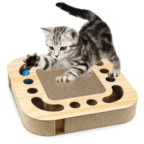 Kratzbretter Katze Spielzeug Interaktives Katzenspielzeug Kratzpappe für Katzen Kratzbrett Pappe mit 2 Klingelballs Cat Toys Kratzmatte Katzenkratzbretter 3 in 1 Wellpappe Fummelbrett Katzenzubehör von BINYI