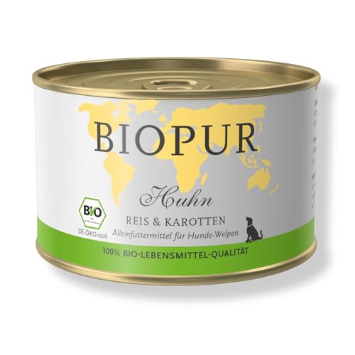 Bio Hundefutter Huhn, Reis & Karotten für Hunde-Welpen 12x400g Premium Nassfutter von BIOPUR Tiernahrung