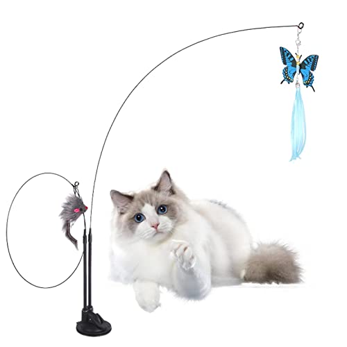 BIOTAT Katzen-Teaser-Spielzeug - Angelrutenspielzeug für Katzen mit Zwei Köpfen,Swing Toys Cat Wand Toy mit festem Clip und Saugnapf-Katzenspielzeug für Indoor-Haustierkatzen von BIOTAT