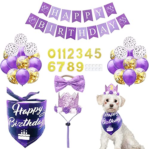 BIPY Lila Krone Hund Geburtstag Banadana Hut Fliege Luftballons Happy Birthday Banner Wiederverwendbare Katze Hund Kopfbedeckung Prinzessin Stirnband mit 0-9 Figuren Fellpflege Zubehör für Mädchen Welpen Kätzchen Haustier Party von BIPY