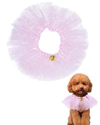 BIPY Rosa Hunde-Tutu-Halsband mit Glockenhals, Zubehör für kleine Hunde, Katzen, verstellbare Halskette mit Pailletten, Party, Urlaub, Kordelzug, Haustierkostüm von BIPY