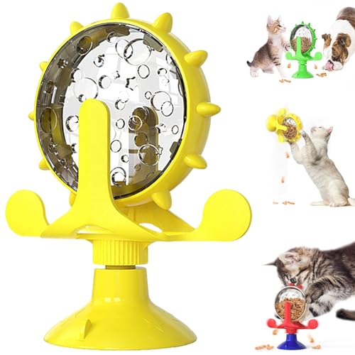 BIUBIULOVE Lallypet, Futter-Windmühle, Rotierender Futterspender, Interaktives Spielzeug Für Katzenfutter-Leckerli-Spender, Rotierendes Windmühlen-Spielzeug Mit Saugnapf Für Kleine Haustiere (Gelb) von BIUBIULOVE