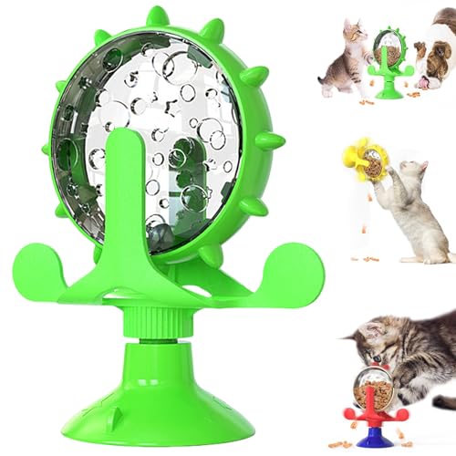 BIUBIULOVE Lallypet, Futter-Windmühle, Rotierender Futterspender, Interaktives Spielzeug Für Katzenfutter-Leckerli-Spender, Rotierendes Windmühlen-Spielzeug Mit Saugnapf Für Kleine Haustiere (Grün) von BIUBIULOVE