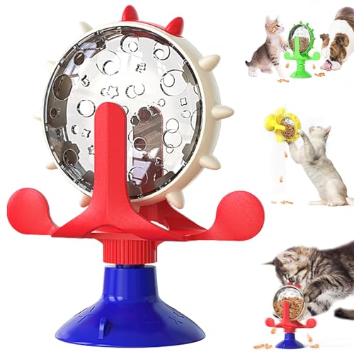 Lallypet, Futter-Windmühle, Rotierender Futterspender, Interaktives Spielzeug Für Katzenfutter-Leckerli-Spender, Rotierendes Windmühlen-Spielzeug Mit Saugnapf Für Kleine Haustiere (Rot Blau) von BIUBIULOVE